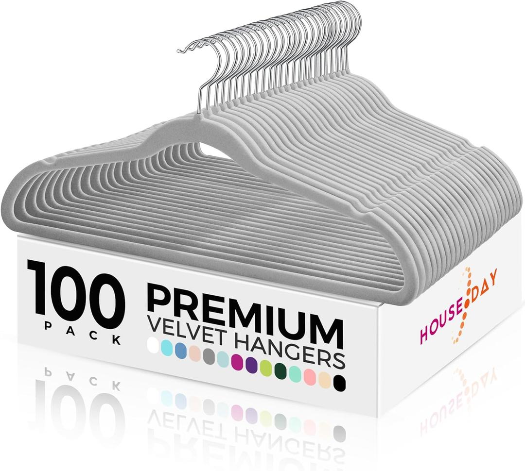 HOUSE DAY Premium Velvet Hangers 100 Pack Grey, Non-Slip Flocked Felt Hangers, Sturdy Clothes Hanger with 360 Rotatable Hook, Heavy Duty Durable Slim Coat Hanger for Closet Space Saving