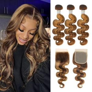 Honey Blonde Highlight Body Wave 3 Bundles With Closure Human Hair 14 16 18+14