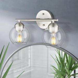 Emak Brushed Nickel Vanity Lights, 2-Light Bathroom Light Fixtures with Clear Glass Shade, Modern Globe Vanity Light for Bathroom, VL114-BN-2