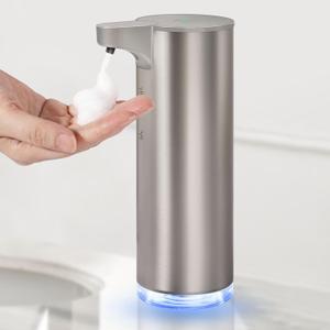 Automatic Foaming Soap Dispenser, Rechargeable Touchless Foam Hand Soap Dispenser for Bathroom, Stainless Steel Soap Pump for Kitchen, Water-Resistant, Xmas Gift 9oz (Silver)