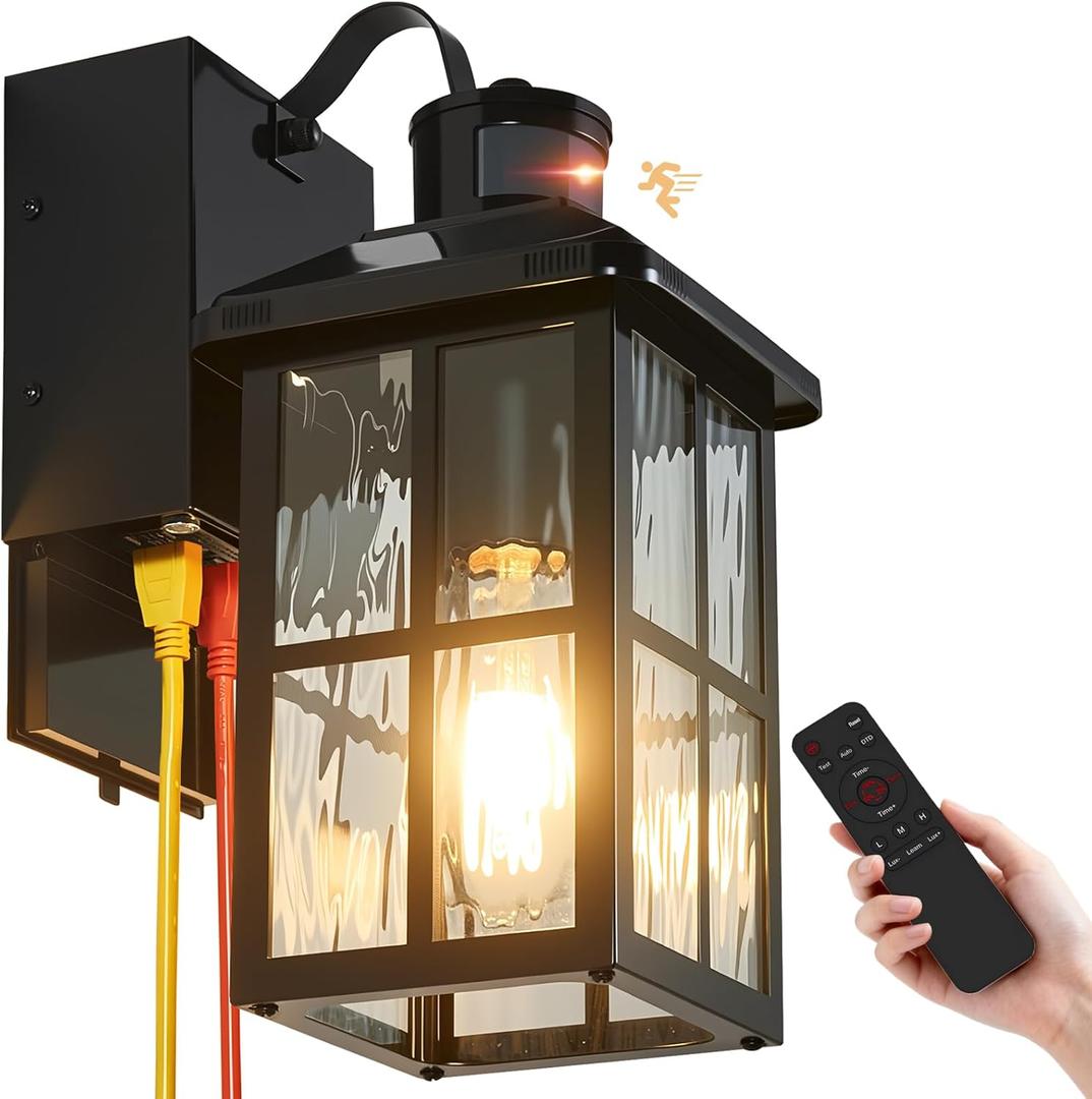 Porch Light with GFCI Outlet with Remote, Dusk to Dawn Outdoor Lighting with Outlet, Upgraded 4 Lighting Modes Motion Sensor Outdoor Lights, Waterproof Outside Lights for House Patio Garage Front Door (1-Pack, Black)