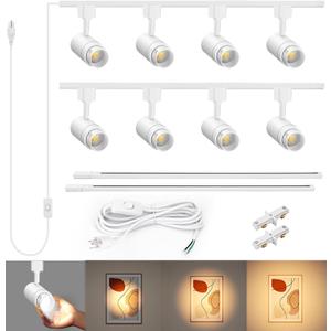 Zoomable Plug in Track Lighting with Power Cord, 8-Light LED Track Lighting Kit with 6.6FT H Type Track Lighting Rails, Modern Kitchen Track Lighting Fixtures Ceiling Spot Light, 3000K White