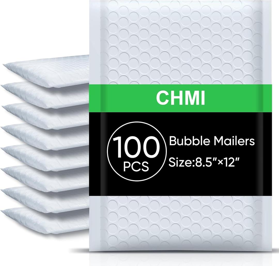 CHMI White Bubble Mailers 8.5 x 12 Inch 100 Pack, Usable Size 8.25X12 Inch Poly Mailers,Mailing Envelopes,Shipping MailerOpaque Self Seal Adhesive Waterproof Bags for Packaging and Shipping.