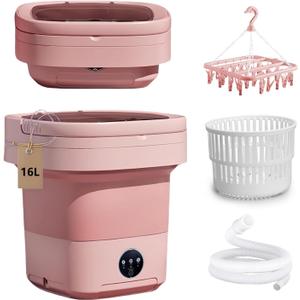 Portable Washing Machine 16L Foldable Mini Washer with Drying Rack,Spin Basket,Top Fill Port,Water Inlet Hose&Drainage Pipe–Compact Collapsible Laundry Set for Small Clothes,Apartments,Dorms,Travel&RV