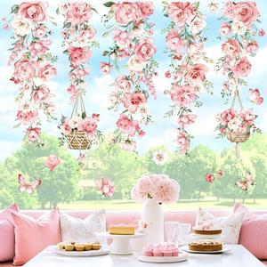 decalmile Hanging Flower Vine Double Sided Window Clings Pink Peony Floral Window Decals Anti-Collision Glass Window Doors Window Stickers