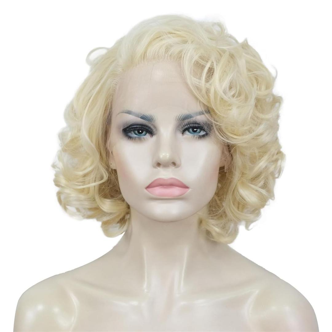 Aimole Short Curly Lace Front Wigs Blonde Women Wig Synthetic Hair Cosplay Costume Halloween Party Daily Everyday Wear Wig Heat Resistant (613 Blonde)