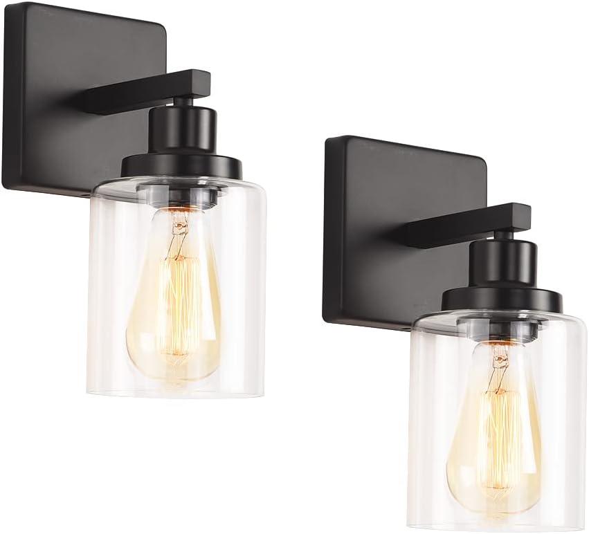 Matte Black Vanity Lights for Bathroom, Wall Sconces Set of Two, Modern Wall Light Fixtures, Metal Sconces Wall Lighting with Clear Glass Shade, Farmhouse Wall Lamp