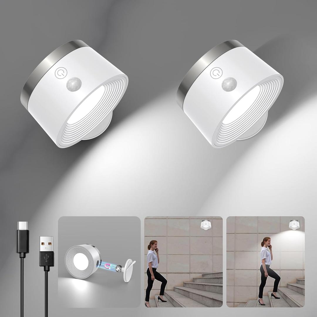 Moobibear Motion Sensor Wall Light Indoor 2Pcs, 3500mAh Rechargeable Battery Operated LED Wall Light, Wall Lamp Wireless with 360 ° Rotation, 3 Color Temperatures for Bedroom, Study, Corridor, Picture, White