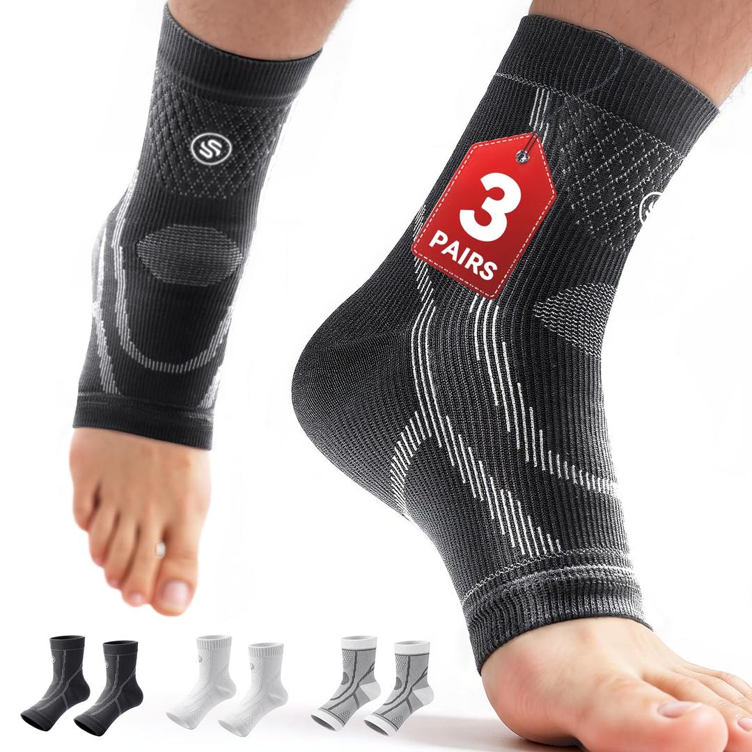 3 Pairs Ankle Brace for Women & Men,[Upgraded Ultra Breathable] Plantar Fasciitis Socks,Ankle Compression Sleeve for Achilles Tendonitis Relief, Heel Pain,Foot Pain and Swelling in Ankle Support (Black + White + Grey,Small)