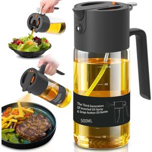 Oil Sprayer for Cooking, 2025 Large Advanced Olive Oil Dispenser Bottle,500ml/17oz Glass Olive Oil Sprayer,2 in 1 Even Spray with Portion Control for Kitchen, Air Fryer, Salad, BBQ - Black