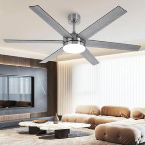 60 Inch Ceiling Fans with Lights and Remote, Indoor Outdoor Nickel Modern Ceiling Fan, Reversible DC Motor Dual-Sided Blades, 3CCT, Large Farmhouse Ceiling Fan for Bedroom Living Room Garage