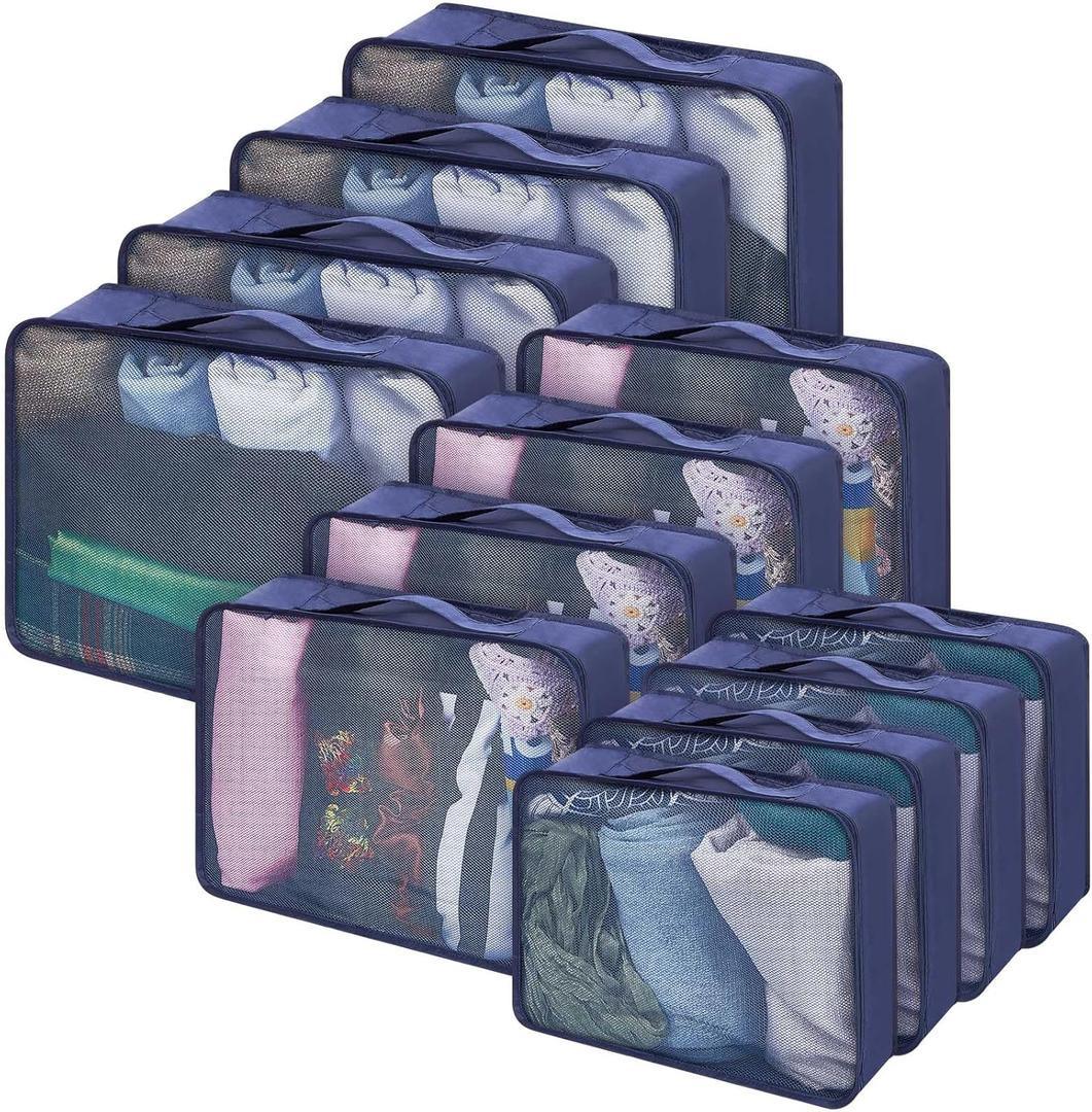 Silkfly 12 Pcs Packing Cubes for Suitcase Travel Luggage Bags Bulk Mesh Organizer Set for Hiking Camping Backpacking Clothes Accessories (Navy Blue,XL, L, M Size)