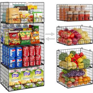4 Pack Stackable Wire Baskets for Pantry Organizers and Storage, Large Pantry Basket for Snack Organizer, Foldable Fruit and Vegetable Storage Bin Store Can Onion Potato for Kitchen Cabinet/Countertop