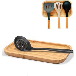 Large Wooden Spoon Rest, 9.7'' Stove Top Bamboo Spoon Holder, Kitchen Counter Cooking Utensils Rest, Farmhouse Small Food Serving Tray for Spatulas, Spoons, Turners, Ladles and Teaspoons