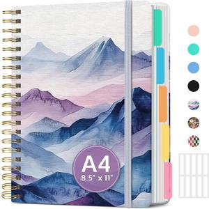 Large Spiral Lined Notebooks for Work with Removable Dividers & Tabs, 8.5"x11" Pretty Hardcover 5 Subject Notebook Journal for Women, College Ruled, Perfect for Study & Office Organization, 280 Pages,Distant Peaks