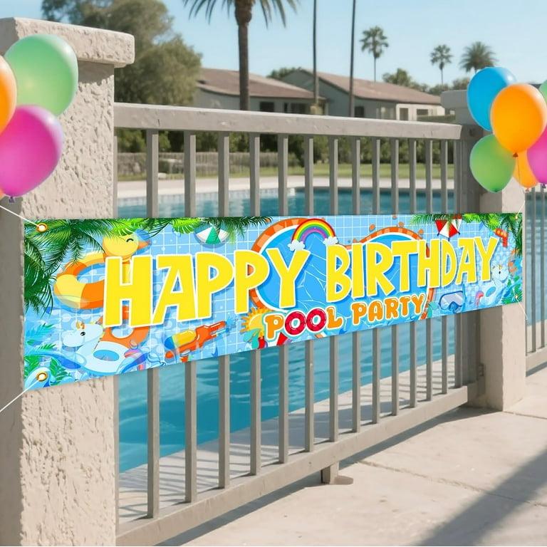 Pool Birthday Party Decorations Banner Large Colorful Pool Happy Birthday Yard Banner Swimming Pool Party Supplies for Summer Beach Hawaiian Luau Tropical Birthday Baby Shower Party Outdoor Decor