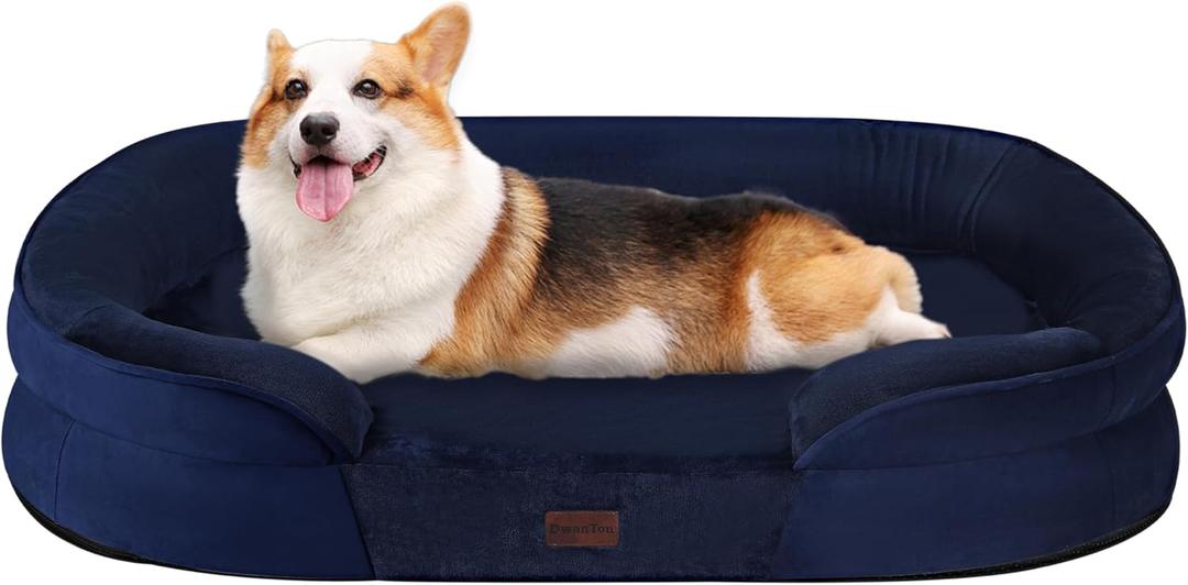 Dwanton Orthopedic Dog Bed for Medium Dogs with Gel Memory Foam, Waterproof Dog Sofa, Washable Pet Bed with Four Sided Bolster Cushion, Removable Cover & Non-Slip Bottom, 35", Navy Blue (Medium(35 x 25.5 x 6 inch))