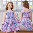 Little Bitty Toddler Girl Smocked Dress Floral Flutter Sleeve Ruffle Dresses Girls Summer Outfits Beach Sundress 2-7 Years (5T, Lilac)