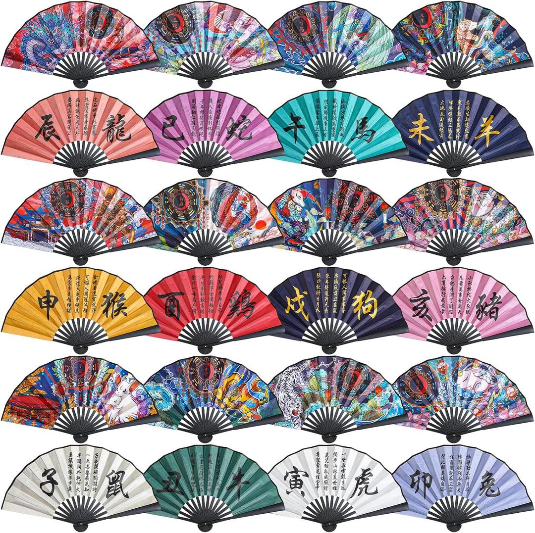 Blulu 12 Pcs Chinese Folding Fans Bulk Zodiac Japanese Hand Fan Foldable Handheld Oriental Asian for Women Men Line Dance Graduation Party Stage Performance Music Festival Cosplay Decoration Club Gift