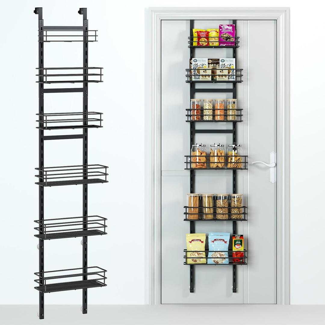 Purdaz 5-Tier Over the Door Pantry Organizer, Cabinet Door Organizer, Kitchen Pantry Door Organizers and Storage, Over the Door Spice Rack, Behind the Door Storage, Door Hanging Organizer, Black