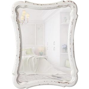 Rustic Wood Framed Small Wall Mirror Decor 12 x 9 inches, Handmade Distressed White Vintage Decorative Mirror, Farmhouse Bathroom Mirrors for Vanity, Hanging Ornate Accent Sculpted Mirrors