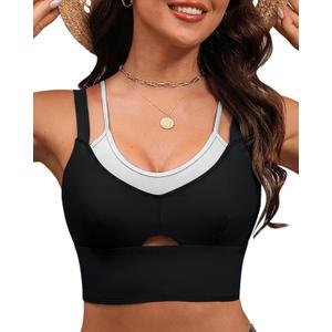 GRAPENT Bikini Tops for Women Cropped Tankini Tops Beach Padded Color Block Cutout Adjustable Bathing Suit Swim Top Only, Size: Small