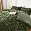 Andency Olive Green Fluffy Duvet Cover Queen, Striped Plush Microfiber Fleece Comforter Cover, Ultra-Soft Lightweight Bed Set, 3 Piece Warm Faux Fur Bedding for All Season, Two-Way Zipper