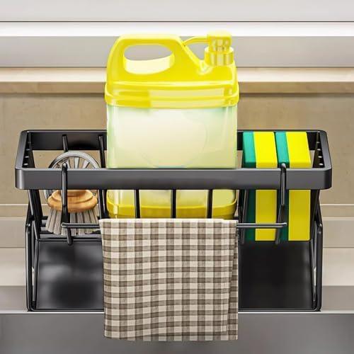 Sink Sponge Rack With Auto Drain Caddy, Rust Resistant Organizer, Ballerina Countertop Organizer - Create a Tidy Kitchen, Black
