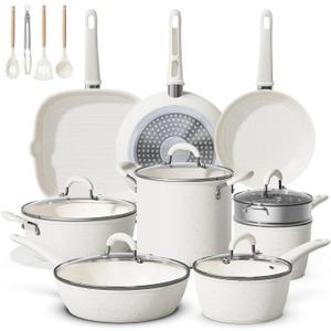 24Pcs Pots and Pans Set Non Stick,Ceramic Cookware Set with 8Qt Stockpot,Titanium-Reinforced Long-Lasting Nonstick,PFAS-Free,Induction Compatible,Complete Kitchen Set for Batch Cooking & Family Meals