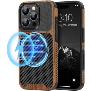TENDLIN Magnetic Case Compatible with iPhone 16 Pro Phone Case Wood Grain with Carbon Fiber Texture Design Leather Hybrid Slim Case (Compatible with MagSafe) Black
