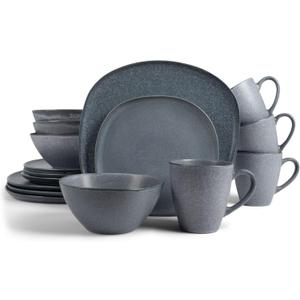 Elanze Designs 16-Piece Modern Luxury Chic Smooth Vintage Handmade Shape Matte Finish Ceramic Stoneware Square Plate Mug & Bowl Kitchen Dinnerware 16 Piece Set - Service for 4, Slate Grey