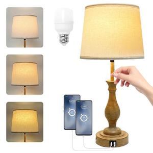 Farmhouse Table Lamp Touch Control 3-Way Dimmable Table Lamp, Modern Nightstand Lamp with 2 USB Port Bedside Desk Lamp with Fabric Shade for Living Room Bedroom Hotel (Pack 1-Beige Shade)