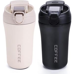 14 oz Travel Coffee Mug, 2 Pack Vacuum Insulated, Spill Proof with Lid and Straw, Reusable Tumbler for Keep Hot/Ice Coffee,Tea and Beer, Car Thermos Cup Gift for Christma