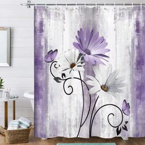Rustic Farmhouse Shower Curtain, Farm Purple Daisy Floral Flowers and Butterfly on Country Wooden Shower Curtain for Bathroom, Violet Grey Bathroom Shower Curtains with 12PCS Hooks, 70X70IN