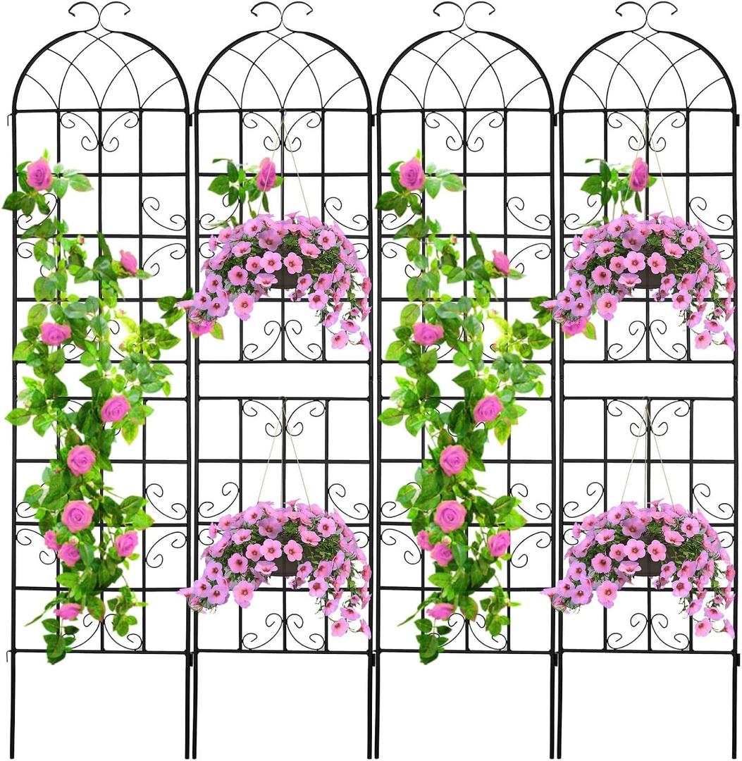 4 Pack 86.2x19.7in Metal Garden Trellis for Climbing Plants,Black Metal Garden Trellis for Vines Plant Rose Vegetable Support,Large Decorative Outdoor Trellis