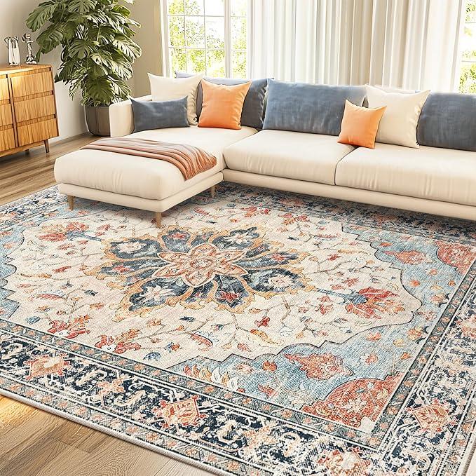 Area Rugs 9'x12' Washable Non-Slip, Floral Vintage Distress Print Pattern Medallion Carpet for Living Room Bedroom Dining Room, Beige Navy Blue Orange Colorful