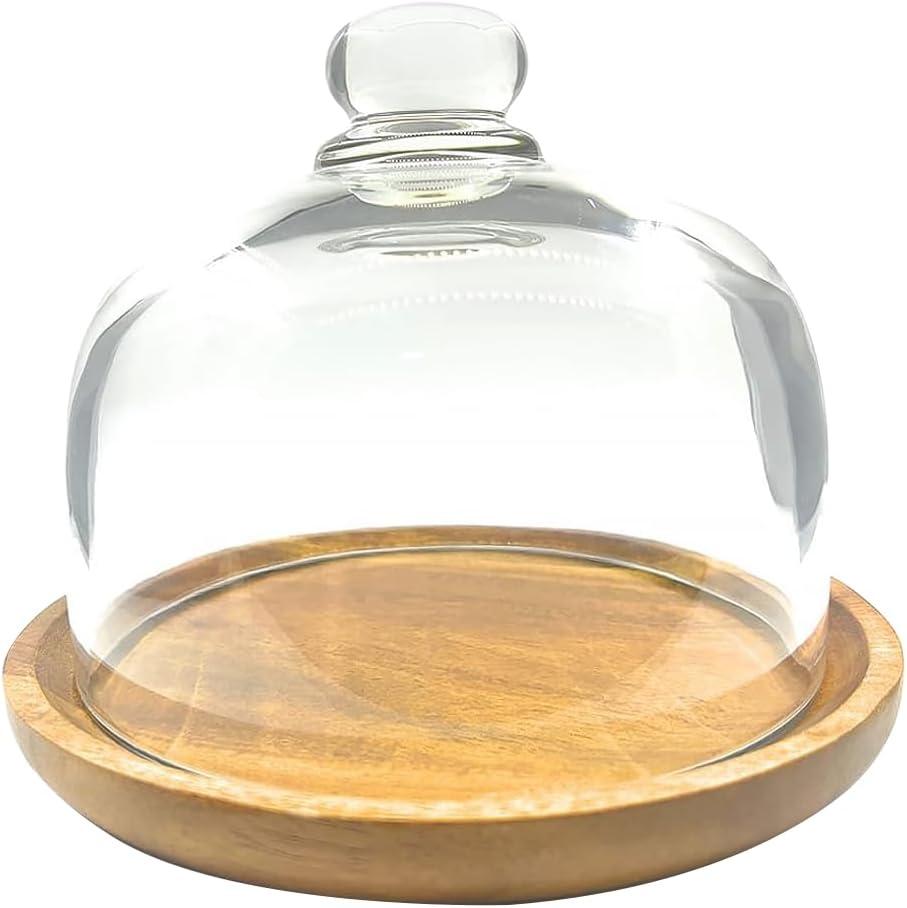 6 Inch Wooden Base Small Cake Display Stand with Glass Dome,Cloche Clear Glass Bell Jar Cover for Dessert Cheese Candy Plants Succulents (6 Inch Round)