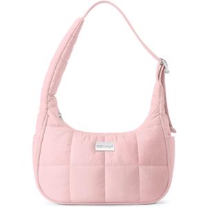 TOPDesign Puffer Shoulder Bag for Women, Ultra Lightweight Hobo Tote Handbag, Mini Clutch Purse with Zipper, Adjustable Strap (Baby Pink)