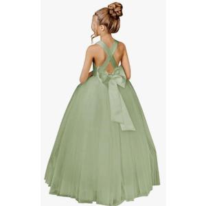 JISISANG Crossed Straps Flower Girl Dress Satin Long Prom Dress with Bow Puffy Tulle Pageant Dresses for Girls Size 12