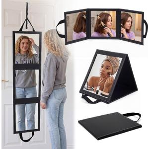 Novabright 3-Panel Over The Door Full Length Mirror, Foldable Hanging Acrylic Body/Makeup Mirror with Height Adjustable Hook for Bedroom Closet Bathroom, Dance Travel Camping (Black)