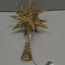 JOIEDOMI 7.8" Metal 3D Star Christmas Tree Topper Golden Glitter Decorations with 56 LED Warm White with Plug Timer Ornaments Treetop Home Holiday Party Indoor Decor