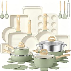 Pots and Pans Set Nonstick, Umite Chef 31-Piece Induction Cookware & Bakeware Set with Frying Pans, Saucepan, Grill Pan, Baking Sheet & Utensils, PFOA-Free Kitchen Starter Set (Sage Green), Extra Large