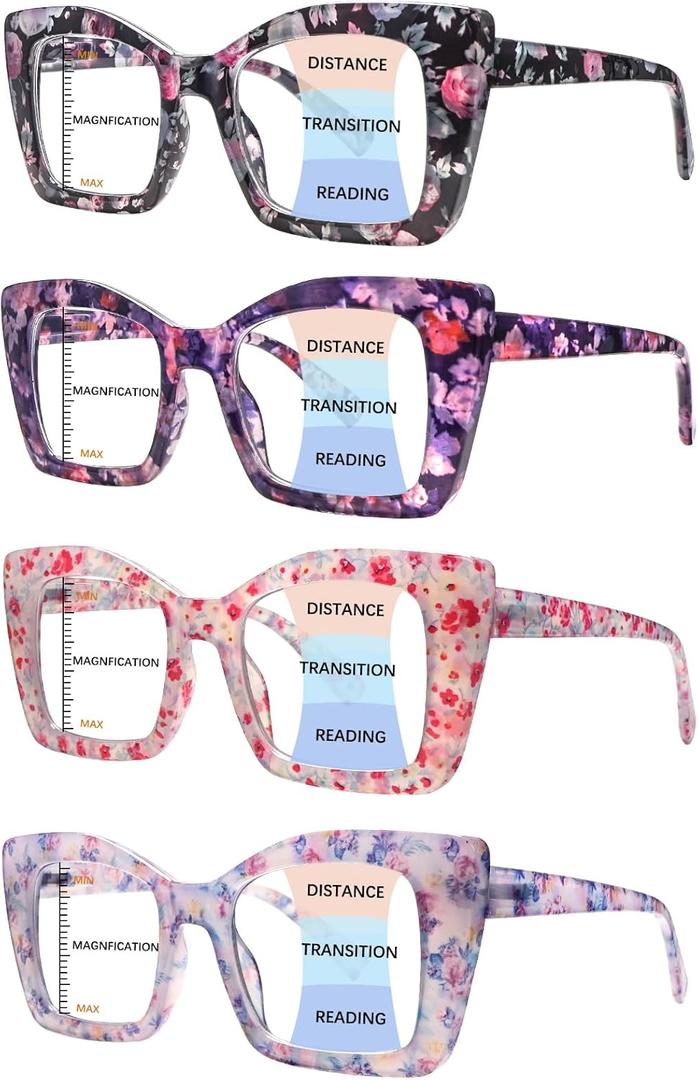 Progressive Multifocus Reading Glasses for Women Blue Light Blocking Oversized Square Computer Spring Hinges Readers (4 Pack Mix Color)