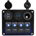 4 Gang Waterproof Marine Boat Rocker Switch Aluminum Panel with 12V LED Digital Display Voltmeter and 3.1A Dual USB Slot Socket and Cigarette Lighter Power Socket for Boat Car Rv Vehicles Truck