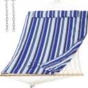 SUNCREAT 2 Person Hammock with Hardwood Spreader Bar, Outdoor Rope Hammock with Polyester Pad, 475 lbs Capacity, Blue Stripes