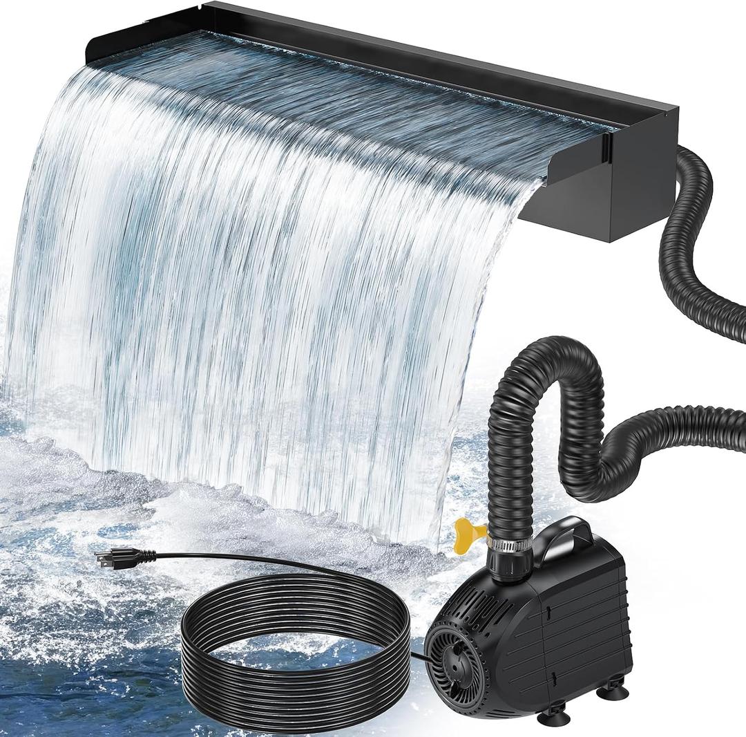 POPOSOAP 24 Inch Pond Waterfall Spillway with 1200GPH Pump, 304 Stainless Steel Pond Waterfall Kit with 9.8FT Corrugated Tube, Pond Waterfall Box for Outdoor Pond Waterfall System Garden Decor-P46
