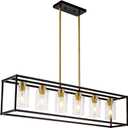 6 Lights Modern Dining Room Light Fixtures Over Table Black & Brushed Brass Gold Farmhouse Chandelier Rectangular Pendent Lighting for Kitchen with Glass Shade Long Linear Industry Hanging Light
