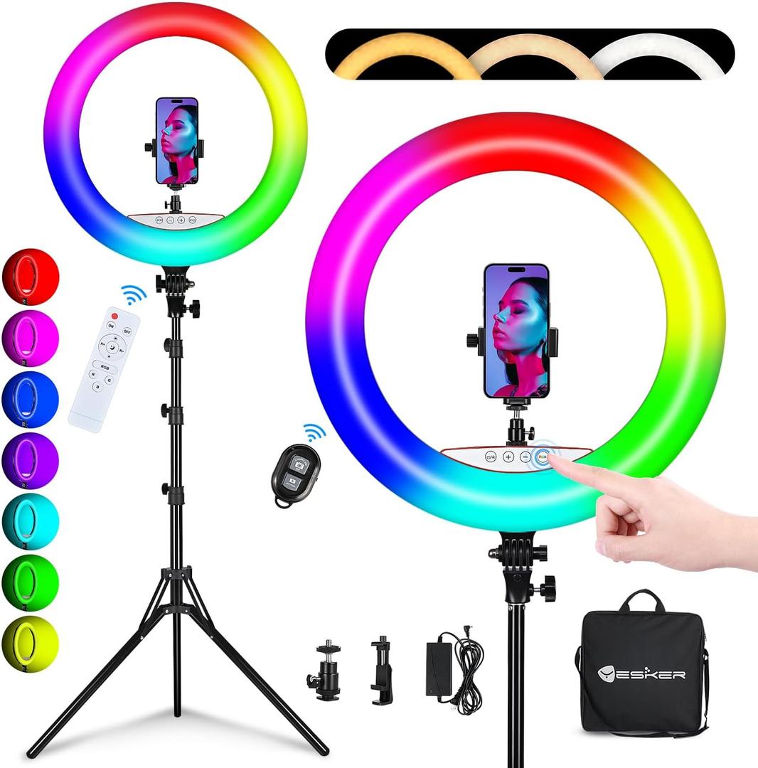 Yesker Ring Light with Tripod Stand and Phone Holder 18 Inch RGB Ringlight 25 RGB Modes Bi-Color Adjustable 27007000K LED Selfie Halo Light Kit for Live Stream Photography Zoom Makeup Youtobe Tiktok
