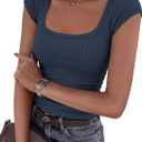 PRETTYGARDEN Womens Cap Sleeve T Shirts 2026 Square Neck Basic Tees Slim Fit Ribbed Knit Spring Going Out Tops Summer Clothes (Small, Dark Blue)