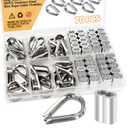 70PCS 1/8" Cable Crimp Wire Rope Aluminum Crimping Loop Sleeve and M3 304 Stainless Steel Wire Rope Cable Thimbles DD041-1/8